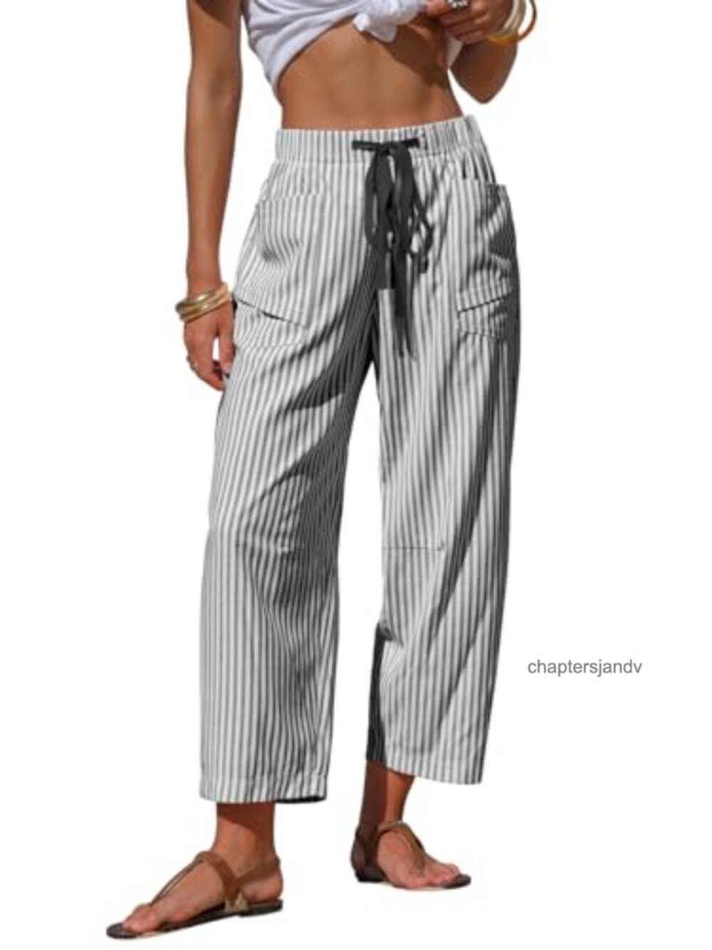 Faux Linen Striped Barrel Capri Pants Drawstring Wide Leg Trousers